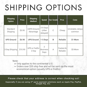 a table with shipping options and their corresponding prices, speeds, and grades.