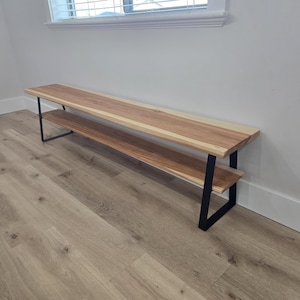 Modern Entryway Storage Bench with Metal Legs and Wooden Shelf