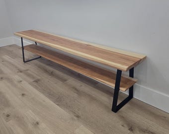 Modern Entryway Storage Bench with Metal Legs and Wooden Shelf