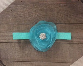 Aqua Flower, Headband, Baby Headband, Girl Headband, Rhinestone Headband, Flower Headband, Bow