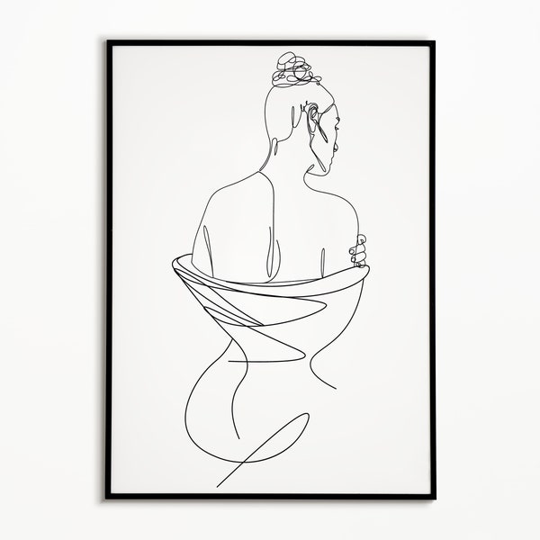 Minimalist Female Body Sketch for Bedroom, Body Positive Art, Line Drawing Woman Bun Print, Abstract Woman Silhouette, Continuous Line Art