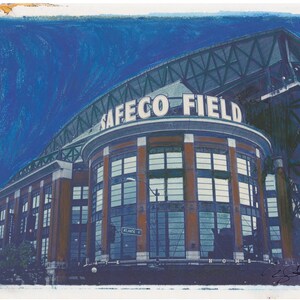 May include: A vintage-style illustration of Safeco Field, a baseball stadium in Seattle, Washington. The image is painted in shades of blue, green, and brown, with the stadium's name prominently displayed in white letters.