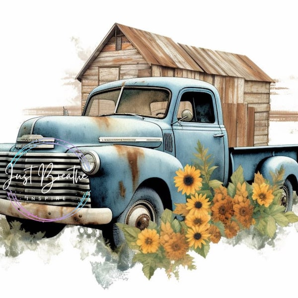 Blue Rustic Farm Truck Sunflowers Watercolor graphic