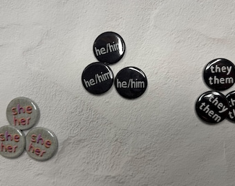 Pronoun Buttons 1.25” | He/Him She/Her They/Them Pins | Embroidered Patch Style Pinback Buttons | LGBTQ+ Pride Accessories | Gender Pronoun