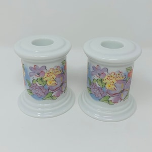 Ceramic Floral Candlestick Pair - Shabby Chic Candlesticks - Ceramic Round Candlesticks - Vintage Taper Candle Holders - Table Centerpiece