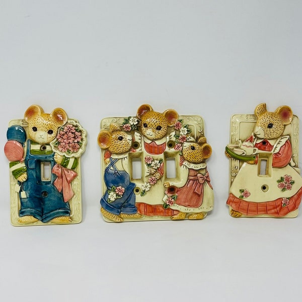 Takahashi Switchplate LIght Covers - Vintage Double Switchplate Cover -  Boy Mouse - Girl Mouse - Vintage Takahashi 3D Embossed Switchplate