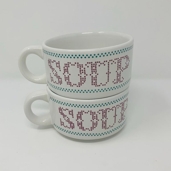 Cross Stitch Soup Mugs -  Bowls - Set of 2 - Vintage Houston Harvest - Great for Soup, Stew, Coffee, or Lattes - Retro Kitchen Bowls