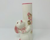 Weiss FTD Bunny Vase - Brazil Hand Painted Vase - Pink and White - Pansy Vase - Bunny Hugging Vase - Shabby Chic Tall Vase - Rabbit Vase