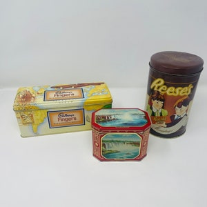 Vintage Candy Tins - YOU PICK Tins - Reese&#39;s Tin - Cadbury Tin - Hinged Lid Tin, English Tea Tin, Cookie Tins - Chocolate Tin - Tin Biscuit