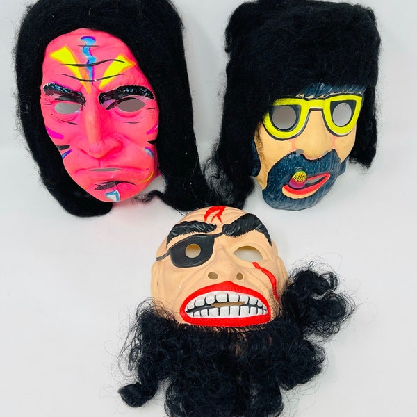 Ben Cooper Halloween Masks - YOU PICK Masks - Vintage Masks with Hair - Flocked Hair Mask - Native American Mask - Pirate Mask - Hippie Mask