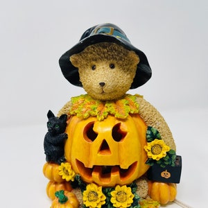 Halloween Light-Up Teddy Bear - 1980&#39;s Ceramic Harvest Bear - Halloween Pumpkin Night Light - Halloween Figurine, Sunflowers, Teddy Bear
