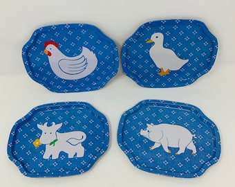 Farm Animal Trays - Vintage Metal Snack Trays - YOU PICK Small Tray - JSNY Snack Trays - Calico Farm Snack Trays - Rustic Farmhouse Kitchen