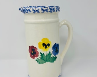 Stoneware Floral Pitcher - Pottery Pansy Pitcher - Spongeware Pitcher - 1980's Floral Pitcher - Farmhouse Kitchen - Blue, Yellow, Red - Jug