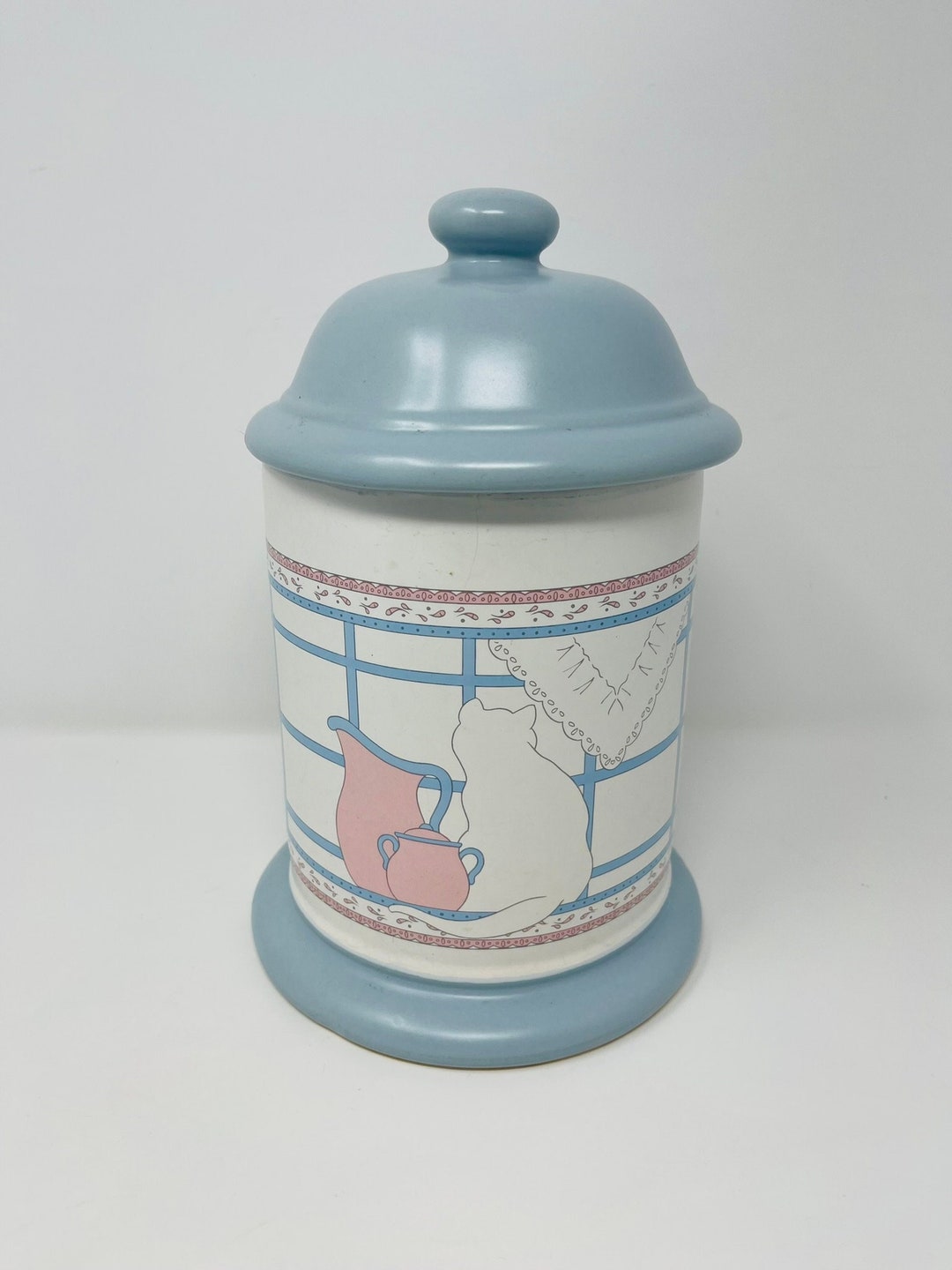 Ceramic Cat Canister 1980's Cat Canister, Blue and White House of Lloyd