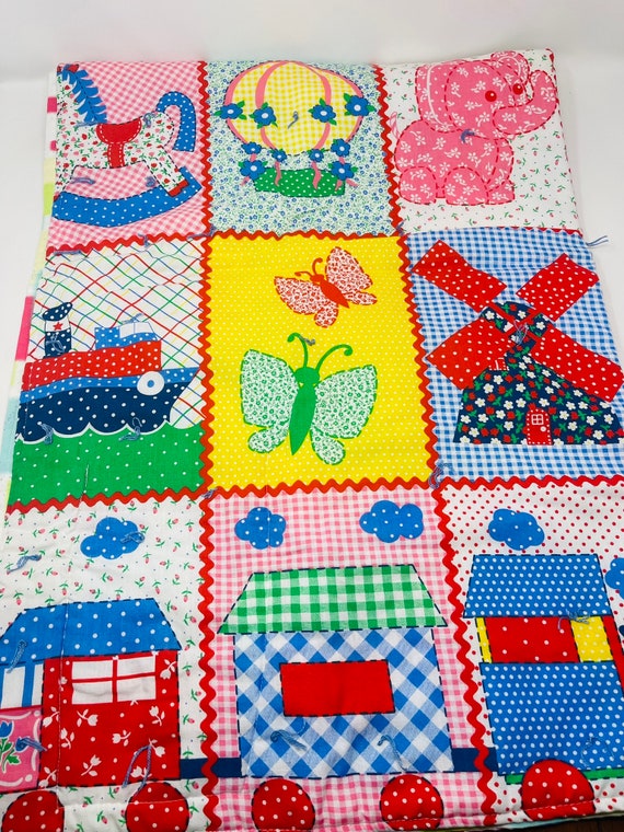 Handmade Baby Quilt - Vintage Baby Quilt - Gingham Crib Quilt - Flowers and Butterflies, Girl's Bedding, Primary Colors, Toddler Bedding