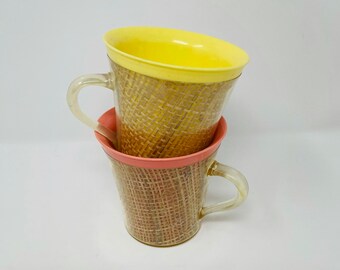 Rafia Ware Mugs - Pair of 2 Rafia Ware Mugs - MCM Mugs - 1950's Plastic Mugs  - Rafia Ware Cups - Picnic Cups - Pink and Yellow Coffee - MCM - Etsy