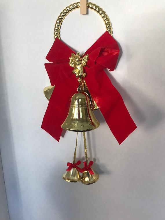 Large Plastic Bells decorations Christmas gold and red with bows