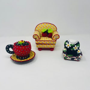 Mary Engelbreit Pin Cushion - YOU PICK - Fabric Pin Cushion - Teapot Pin Cushion - Mary Engelbreit Chair - ME Ink -  Yellow and Red, Fabric
