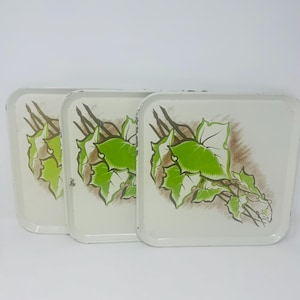 Metal White Floral Tray - VINTAGE - MCM - White, Green, Brown - White Serving Tray - Square Tray, Metal Tray - 1960s Tray, Leaf Pattern Tray