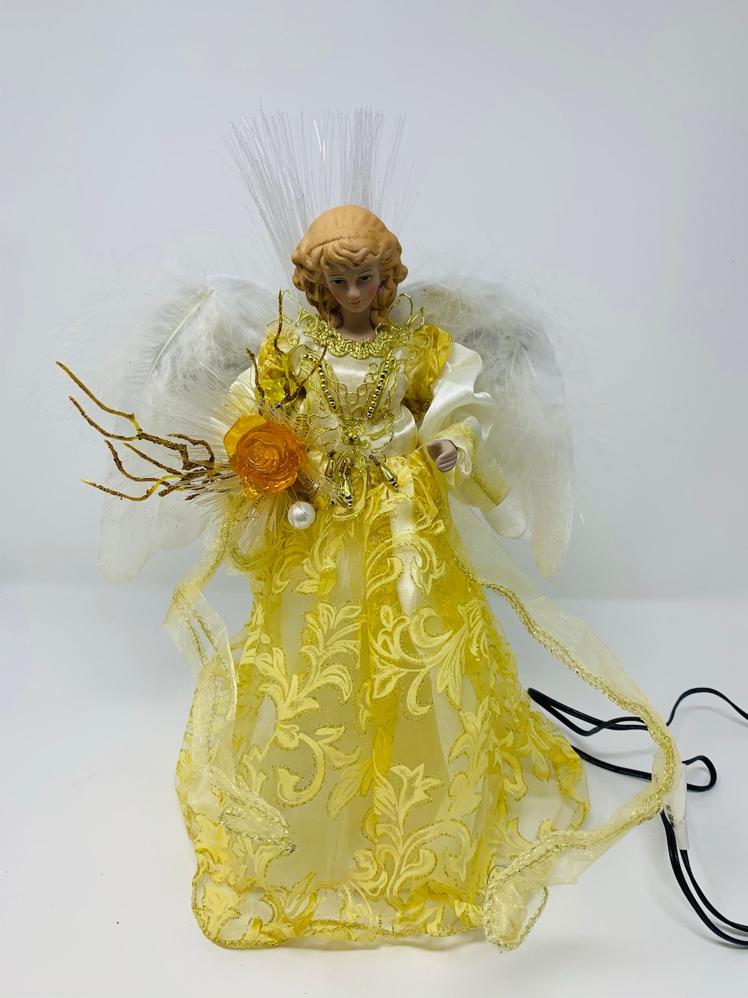 Fiber Optic Angel Lighted Angel Figurine Beautiful Gold & Lace Dress