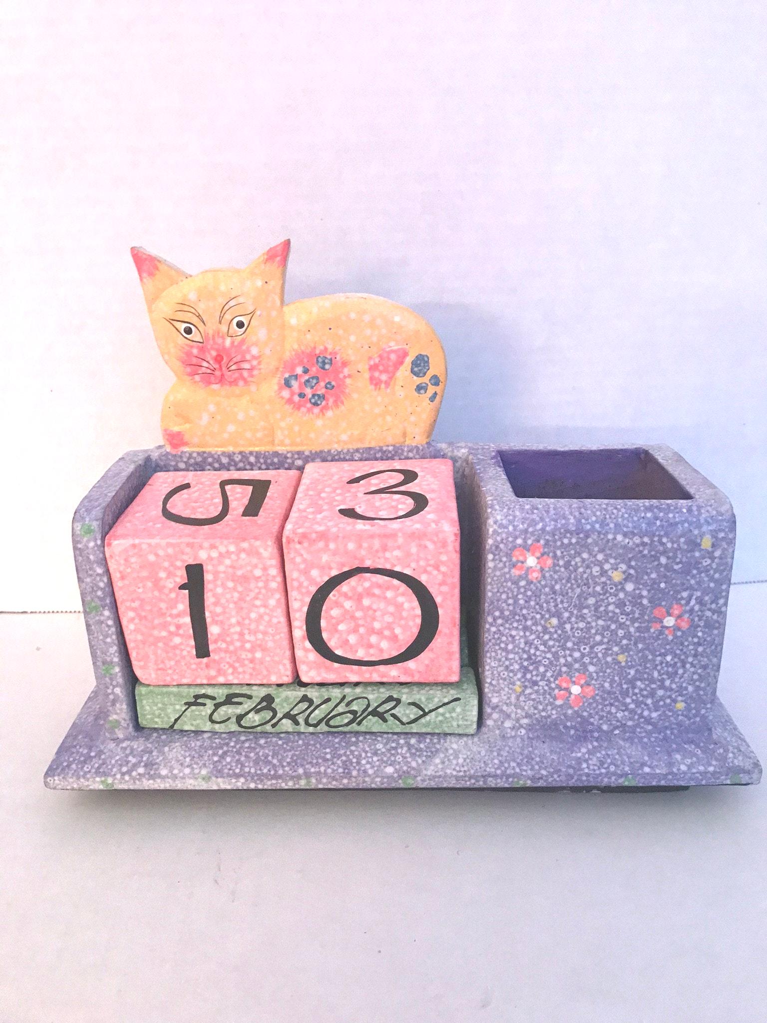 Perpetual Vintage Wooden Calendar Cat - Etsy