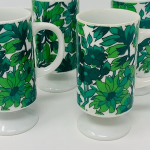 Floral Pedestal Mugs - Pedestal Mugs - White and Green Mini Mugs - Mid Century Mugs -  Replacement Mugs - Flower Power - Japan Mug - MCM