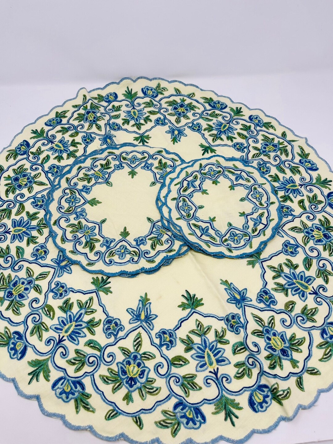 Floral Round Doilies Vintage Doilies Needlepoint Doilies, Embroidered Doily YOU PICK Doily Blue