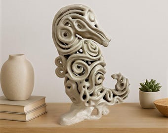 Handmade Ceramic Seahorse, Porcelain Art, White coastal centerpiece