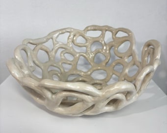 Whimsical Ceramic Bowl, 11 inch Porcelain Bowl, White glaze