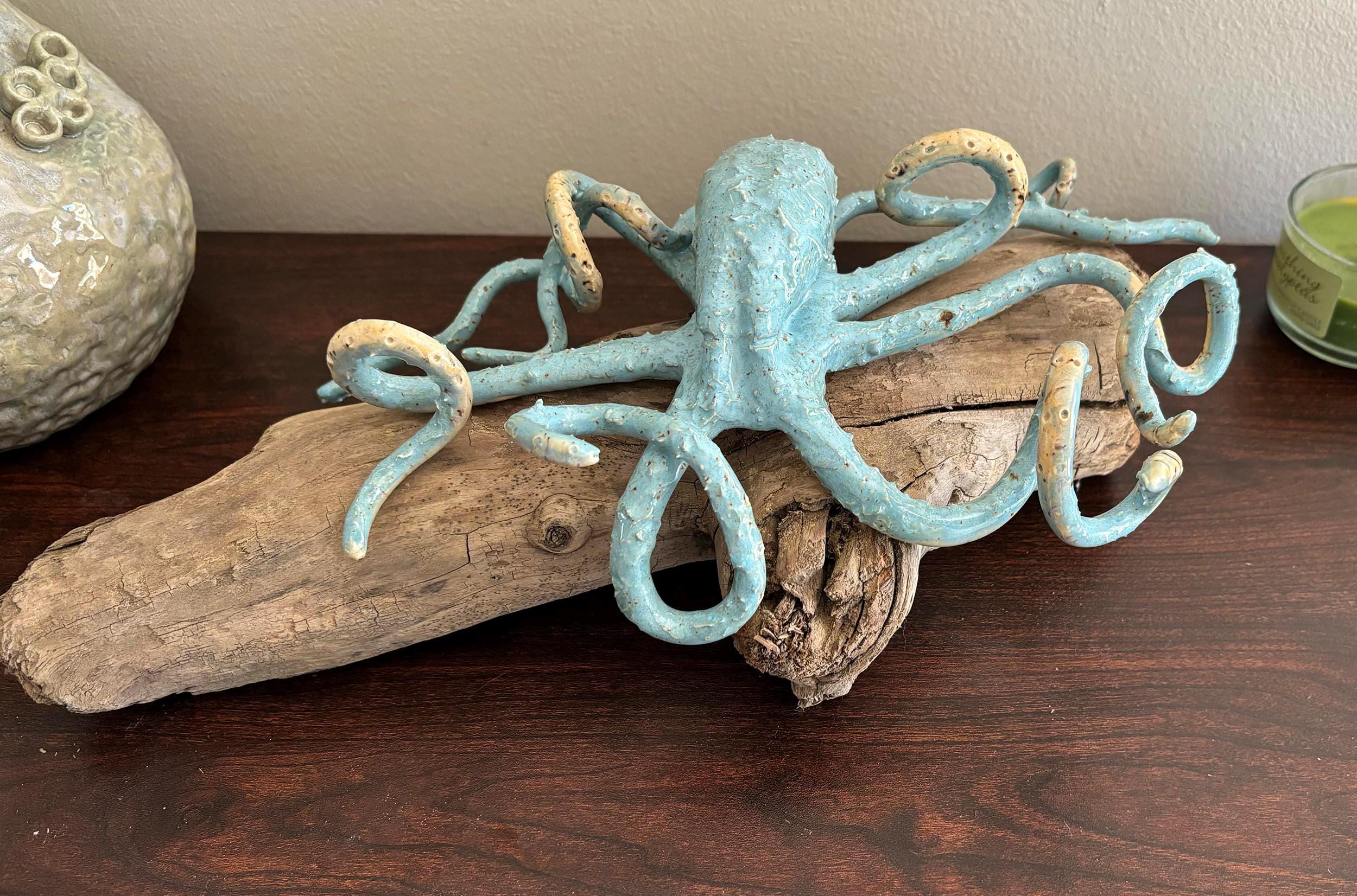 Octopus sculpture, driftwood sculpture, Coastal centerpiece, Octopus art, octopus pottery, octopus sculpture, ceramic sculpture, coastal art