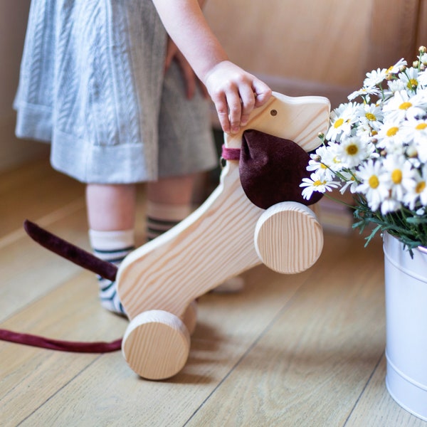 Jouet en bois à tirer, chien saucisse, idées cadeaux pour tout-petits, jouet écologique, jouet Montessori