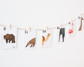 Flash Cards Alphabet | WallDisplay | Animal Cards A to Z | Watercolor Animals | ABC Cards | Nursery Wall Decor | animal lover