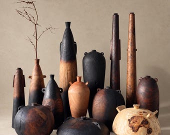 Sculptural Wooden Vases with Handles, Hand Carved Wood Art, One of a Kind Wooden Vessels, Japandi Style
