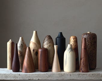 Peut inclure: Une collection de 12 vases en bois de différentes formes et tailles, y compris rondes, cylindriques et coniques. Les vases sont fabriqués à partir de différents types de bois, ce qui donne une variété de couleurs et de motifs de grain. Les vases sont disposés sur une étagère en bois blanc.