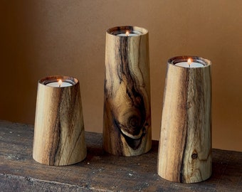 EINZIGARTIGER Kerzenhalter aus Holz, Teelicht-Kerzenhalter, minimalistisches Holzdekor, Regalakzent, Wabi Sabi, Japandi-Stil