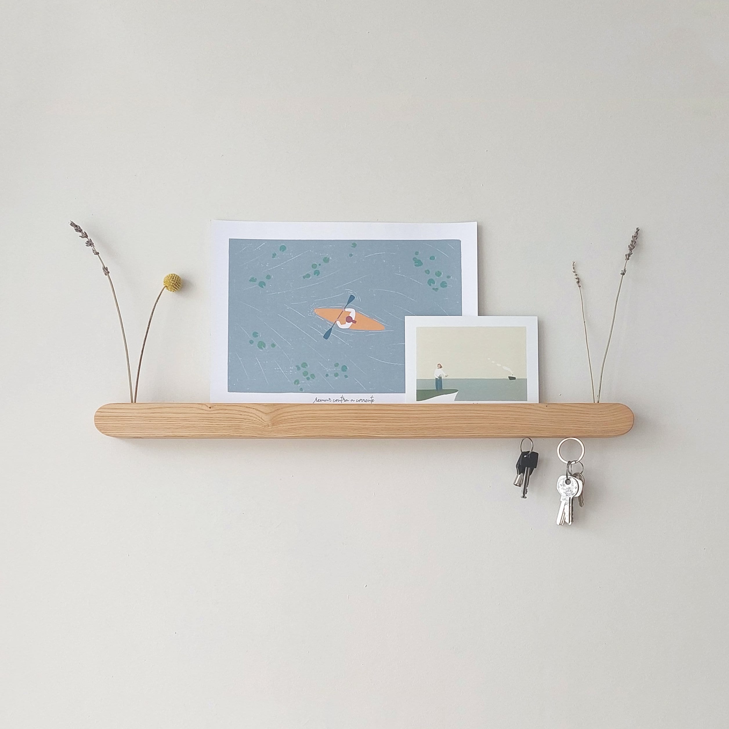 Photo Postcard Shelf, Floating Shelf, Vase for dried flowers, Entryway accent, Chestnut wood