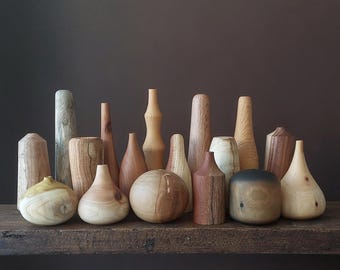 May include: A collection of 15 wooden vases in various shapes and sizes, with natural wood tones and finishes. The vases are arranged on a wooden shelf against a brown background.
