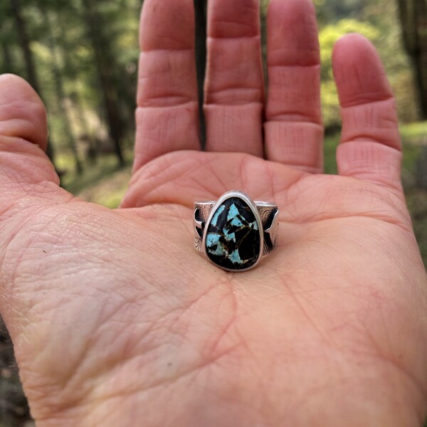 American Turquoise Handmade Ring. Wide Silver Band. Size 6.