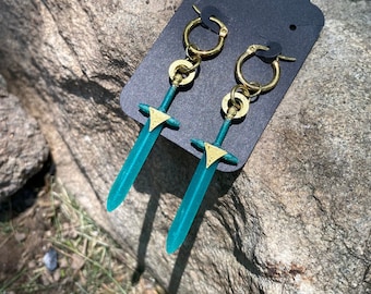 Sword Earrings | Emerald Green / Gold | 3D Printed | Statement Earring | Fantasy Earrings