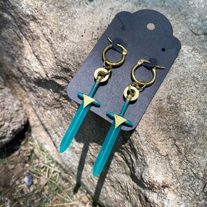 Sword Earrings | Emerald Green / Gold | 3D Printed | Statement Earring | Fantasy Earrings