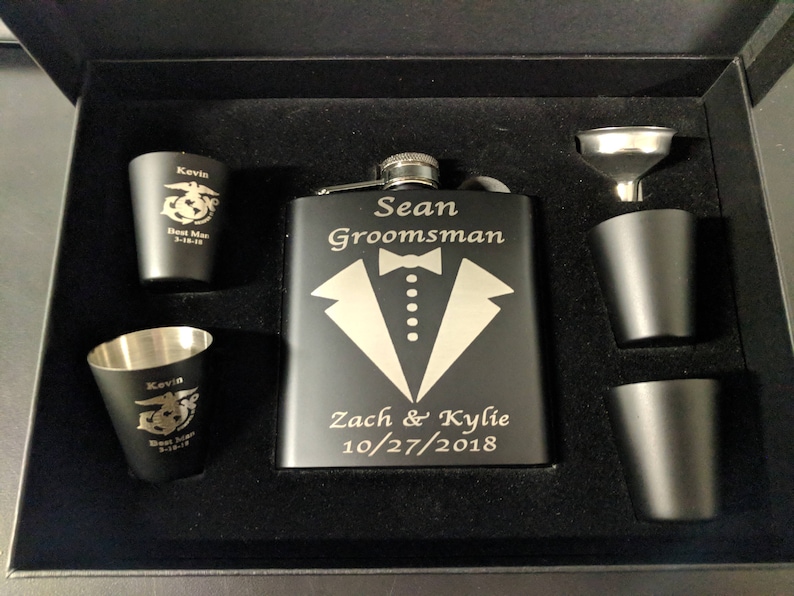 SALE *** Laser engraved flask gift set with flask, Wedding Gift, Bridesmaid gift, Groomsmen gift, Groomsman gift, Wedding party gift set! image 5