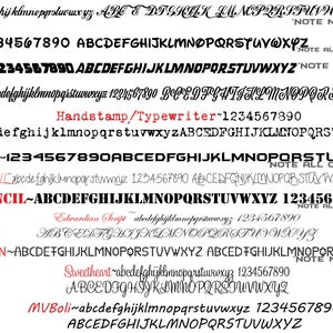 May include: A collection of different font styles with the names of each font listed above the font samples. The font samples include uppercase and lowercase letters and numbers. The text 'NOTE ALL CAPITAL FONT' appears next to some of the font samples.