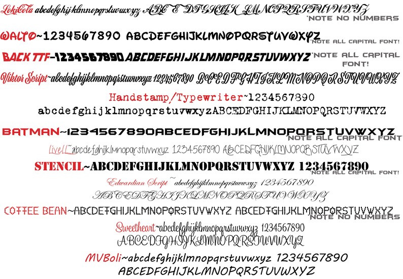 May include: A collection of different font styles with the names of each font listed above the font samples. The font samples include uppercase and lowercase letters and numbers. The text 'NOTE ALL CAPITAL FONT' appears next to some of the font samples.