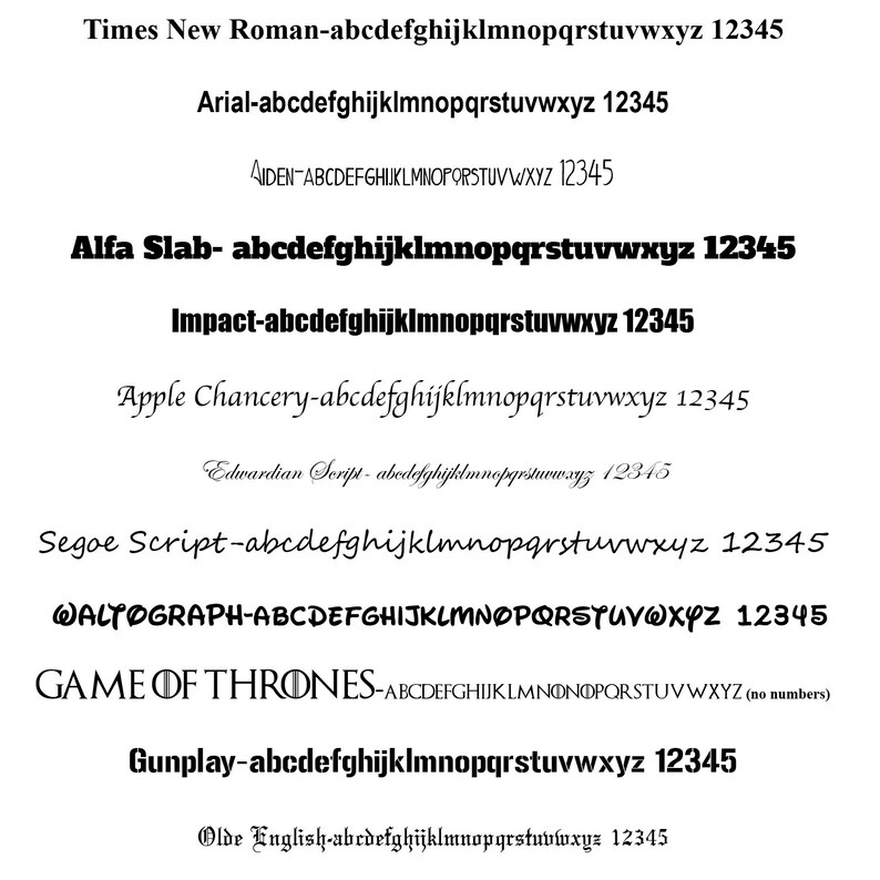 Puede incluir: Una colecci&oacute;n de diferentes estilos de fuente, incluyendo Times New Roman, Arial, Alfa Slab, Impact, Apple Chancery, Edwardian Script, Segoe Script, Waltograph, Game of Thrones, Gunplay y Olde English. Cada estilo de fuente se muestra con el alfabeto y los n&uacute;meros 12345.
