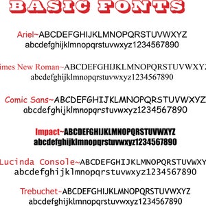 May include: A graphic showing different font styles, including Arial, Times New Roman, Comic Sans, Impact, Lucinda Console, and Trebuchet. Each font style is shown with the alphabet in uppercase and lowercase, as well as the numbers 1 through 9 and 0.