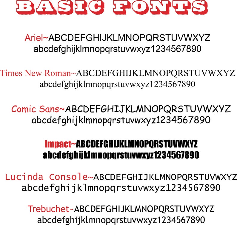 May include: A graphic showing different font styles, including Arial, Times New Roman, Comic Sans, Impact, Lucinda Console, and Trebuchet. Each font style is shown with the alphabet in uppercase and lowercase, as well as the numbers 1 through 9 and 0.