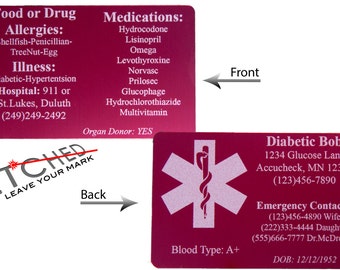 Tarjeta de billetera de identificación médica, tarjeta de billetera para diabéticos, información de alerta médica grabada con láser en una tarjeta de metal!  Tarjeta de alerta médica