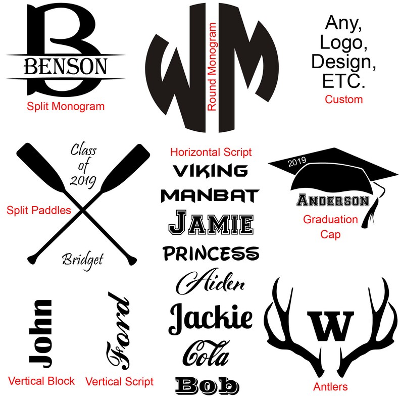 K&ouml;nnte beinhalten: Eine Grafik, die verschiedene M&ouml;glichkeiten zeigt, ein Produkt mit Text, Logos und Designs zu personalisieren. Die Optionen umfassen ein geteiltes Monogramm, ein rundes Monogramm, geteilte Paddel, horizontale Schrift, einen Abschluss-Hut, einen vertikalen Block, eine vertikale Schrift und Geweih.