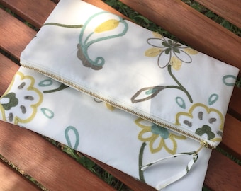 Crewel Embroidered Fold-Over Clutch| Handmade Floral Zippered Purse