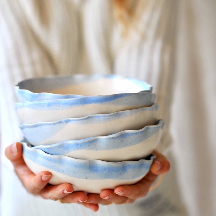 Ensemble Bleu et Blanc de Cuvette en Céramique 2